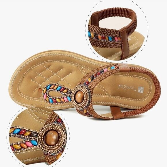 🩵⏭️NIB Brown Beaded Cushioned Boho Sandals Size 8 - Picture 2 of 12